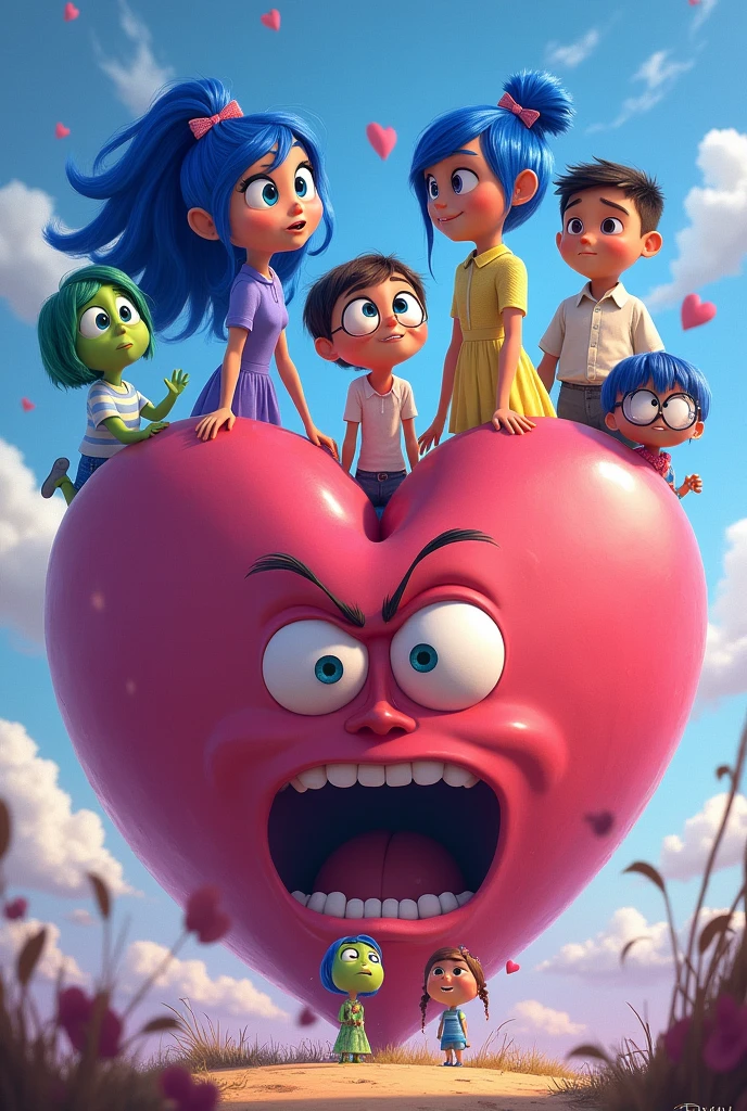 Disney Pixar's Inside Out 2,delight,grief,Darry,Worry,Nice!,Embarrassing,Queasy,Bingbong,Chattering,Ikari,Meeting on top of a pink heart
