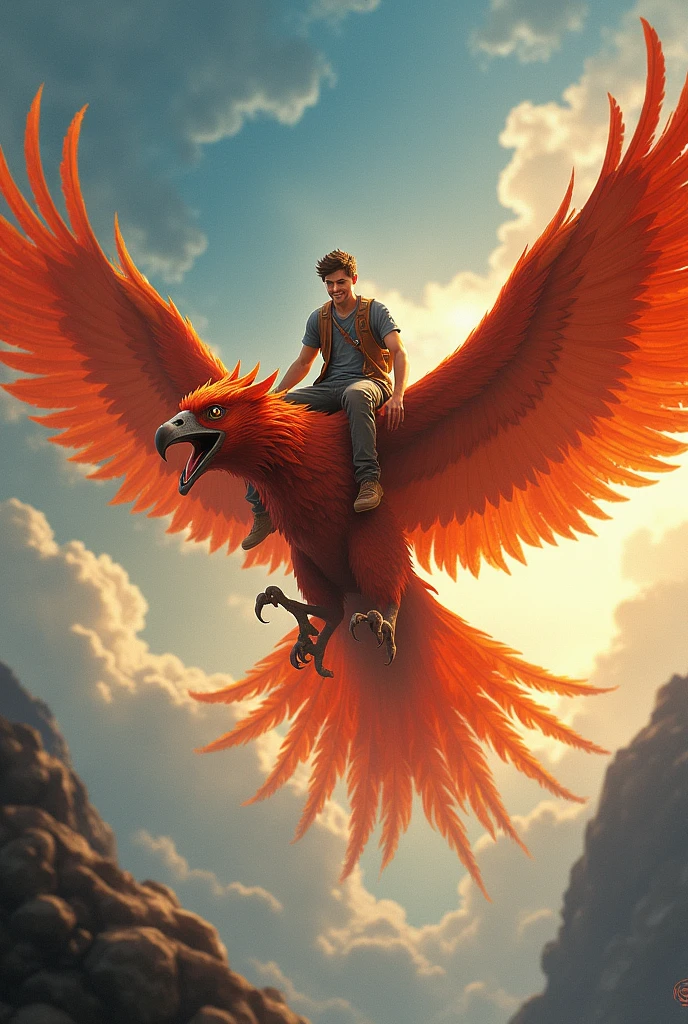 Young man riding a phoenix