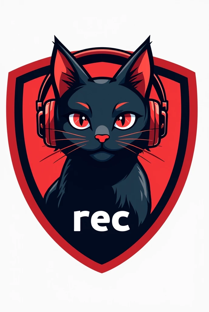 Design a logo featuring a sleek, modern cat wearing headphones, with a playful yet confident expression. The cat should embody the essence of communication and connectivity, reflecting a youthful, dynamic spirit. The predominant colors should be red and black, giving the logo a bold and striking appearance. The cat’s fur could be primarily black with red accents on the headphones and other details. The word 'REC' should be included prominently in the design. The entire logo should be presented in a shield format, making it visually striking and memorable for use in various digital and print formats