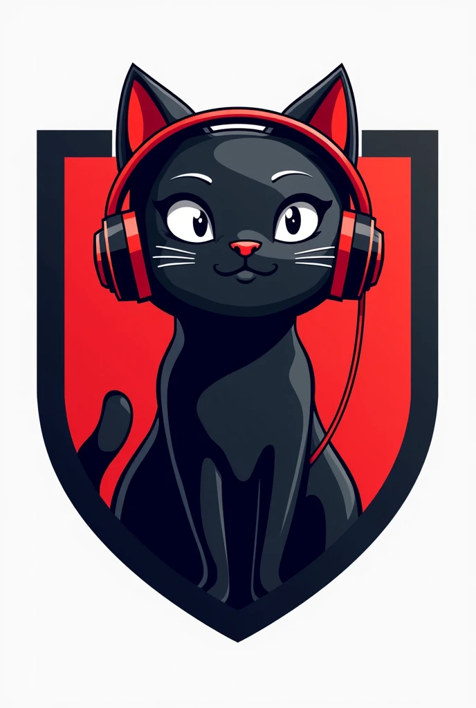 Design a logo featuring a sleek, modern cat wearing headphones, with a playful yet confident expression. The cat should embody the essence of communication and connectivity, reflecting a youthful, dynamic spirit. The predominant colors should be red and black, giving the logo a bold and striking appearance. The cat’s fur could be primarily black with red accents on the headphones and other details. The word 'REC' should be included prominently in the design. The entire logo should be presented in a shield format, making it visually striking and memorable for use in various digital and print formats