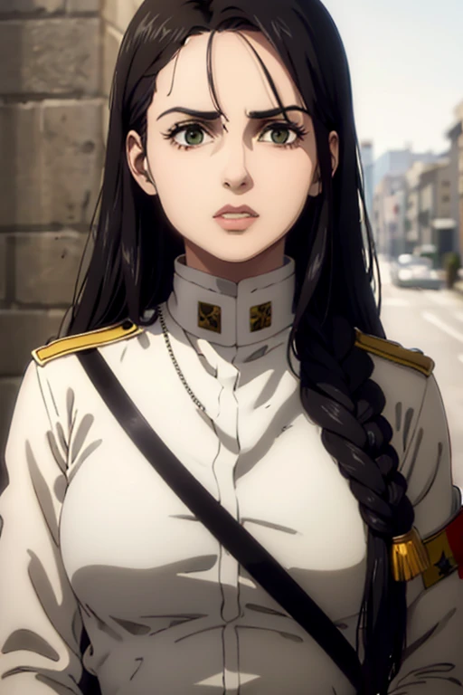 1 woman aged 35, long black hair, greeneyes, neutral expression, necklace on the neck, White military uniform, marley, liberia, Masterpiece artwork, best qualityer, retina, super detaill, 