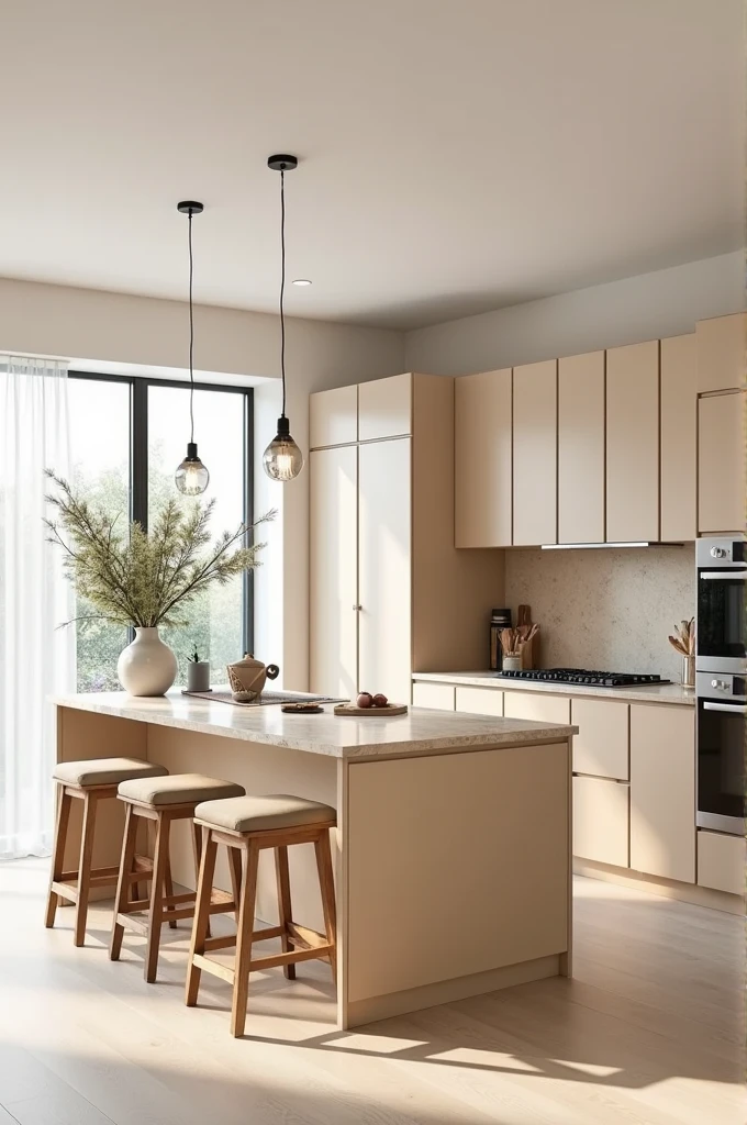 Here you have the text in Spanish with the requested details:
"Modern kitchen in beige tones with a central bar. The bar has a beige marble countertop that extends to create a casual dining space.. The cabinets are a soft beige color, with minimalist handles, while the walls are completely white, which brings light to the space. The design includes built-in stainless steel appliances, pendant lighting over the bar, and wooden stools with beige cushions. The kitchen has a warm and welcoming atmosphere, with abundant natural light entering through the large windows."