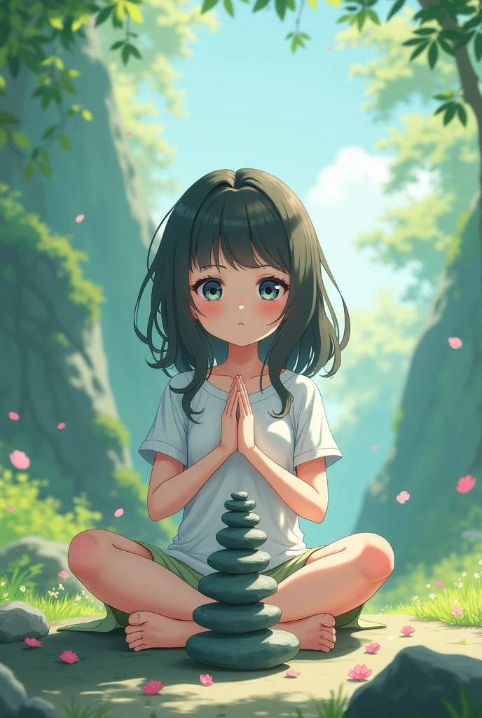 Anime girl meditating on several small stones stacked on top of each other