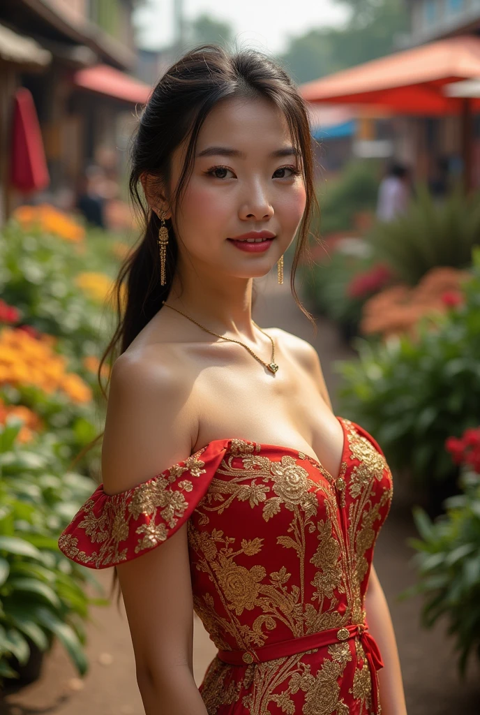A beautiful young thai woman, detailed beautiful  eyes, detailed beautiful face, detailed beautiful nose, big breasts . in a vibrant siam dress
 , The background contains tall grasses and bushes. The background is a bustling outdoor market filled with the vibrant colors and aromas of fresh produce and flowers. The photograph captures a moment of simple pleasure and the appreciation for the beauty of nature.Less
The photo has a warm hue.