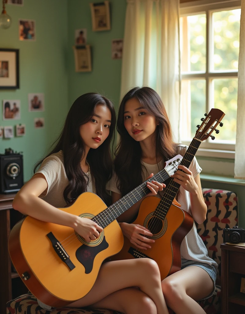 Portrait of a 2 Thai woman playing a guitar lead, looking at the camera, long hair, in a retro studio with pastel walls, a vintage live camera, warm sunlight, analog film photographs, a Kodachrome camera.