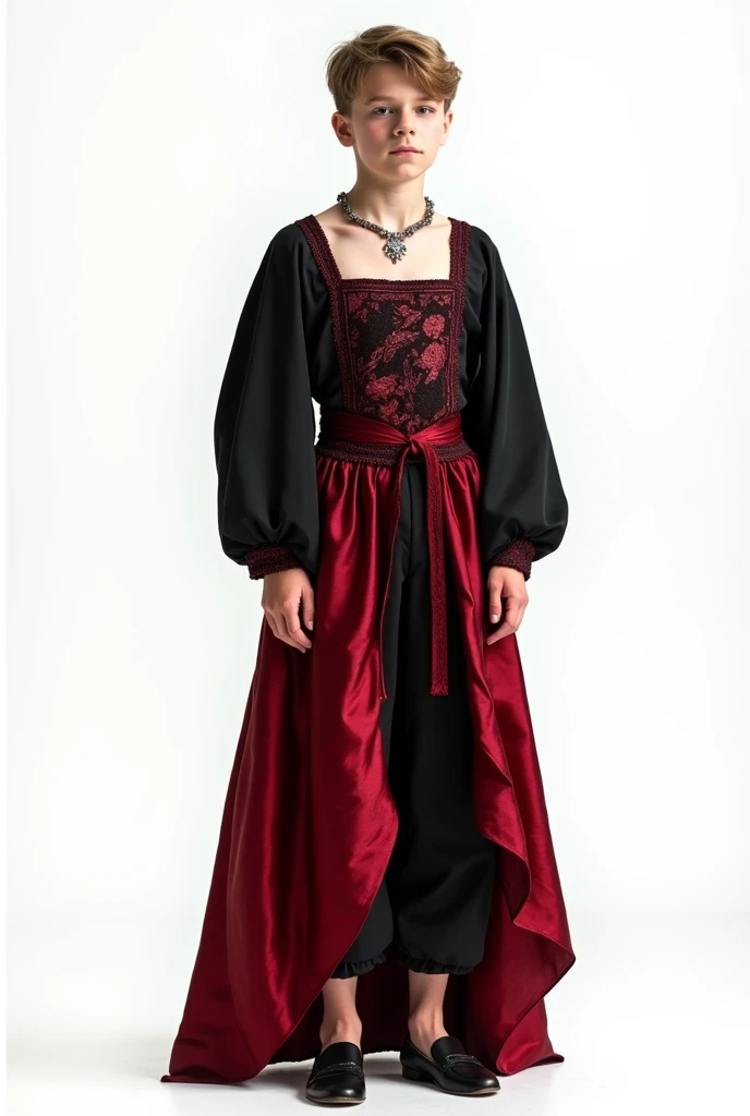 Whole body, Medieval teenage boy black and red costume, ballet square neck shirt,crow prints,silk fabric, silver jewelry,along with pants with a skirt behind, Nordic,ancient ceremonial, delicate, Royals, delicate, Simple, White background, vista Whole body, Silk fabrics with ruffles, lace