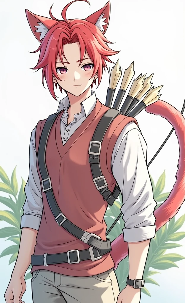 Young guy with red hair, small braid, cat red ears, Cat's Red Tail, Red hair, on his back is a bow and a quiver with arrows, Beautiful face, beautiful body, super detailed, professional quality