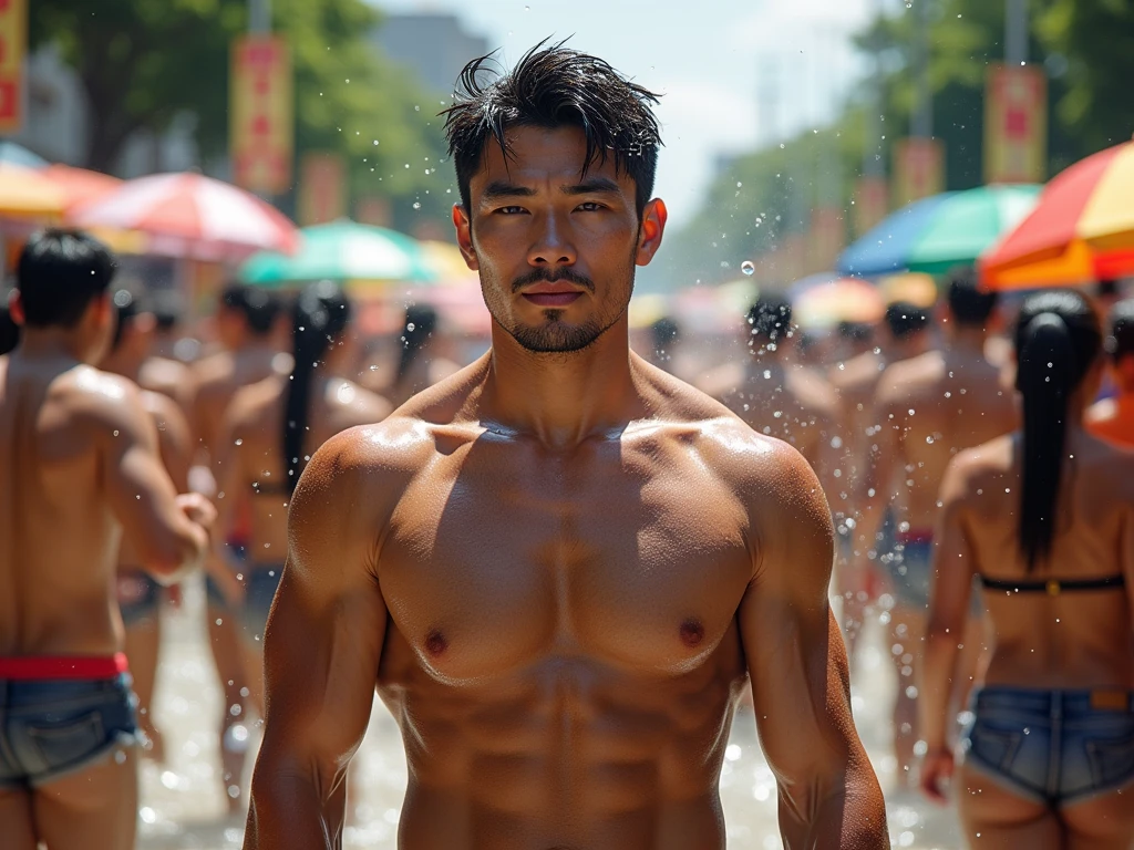 Japanese,25-30 years old , Masculine and handsome, the weather is summer,Wear summer sex clothes,For example, vest(Super detailed, Realistic, best quality, 4K, 8k, High resolution, masterpiece:1.3)The background is Bangkok, Thailand,It's the Water Splashing Festival,wet,full body pic. happy
