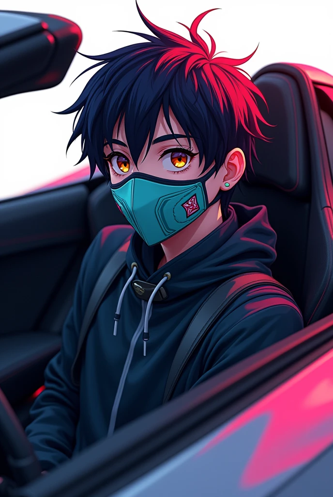 Anime boy with mask and lamborghini sit