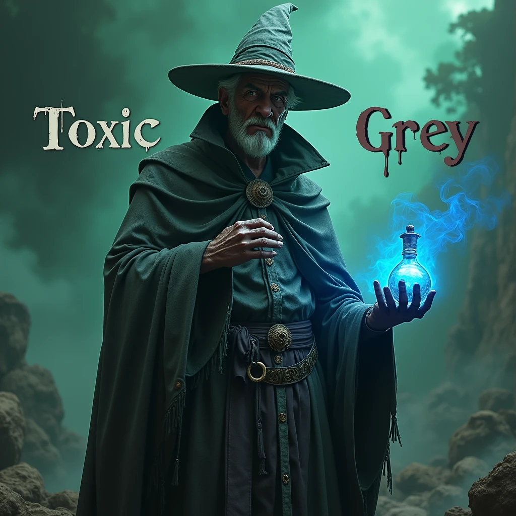 A realistic, ultra-detailed photograph portrait of a middle-age male sorcerer with his dress and hat, a crazy mask. flask this hands with smoke, devastated land, clouds of green poison, blue smoke. The name “Toxic Grey” is prominently displayed in horrors letters behind him.