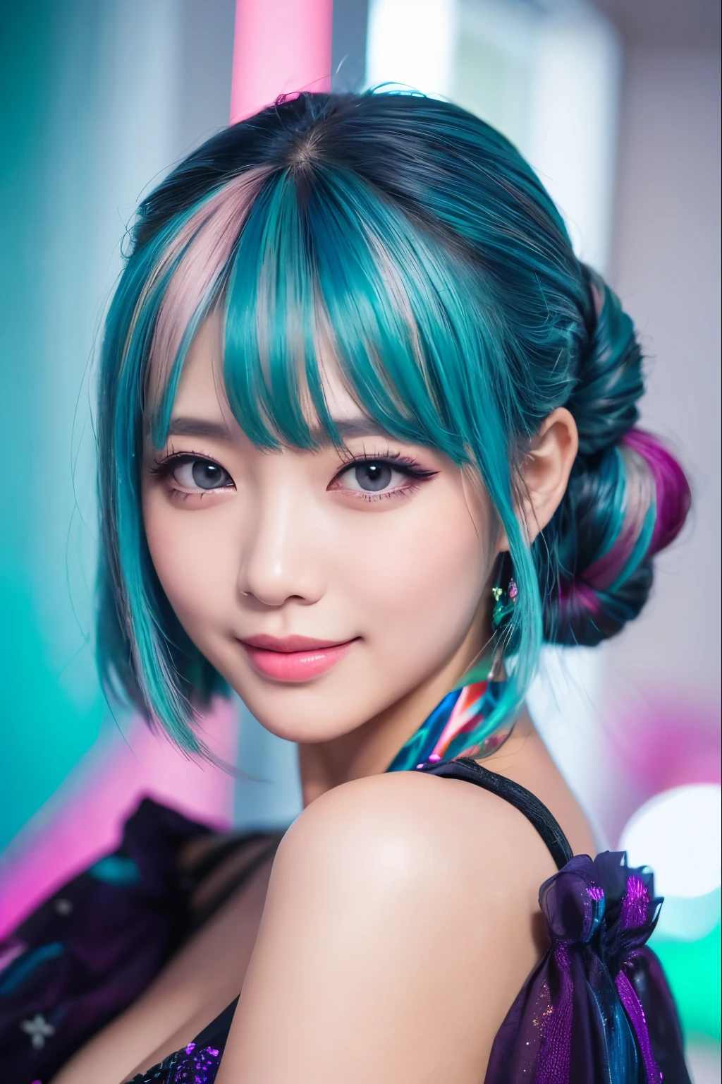 Heart Pose、high quality, real、High resolution, Realistic、8k、masterpiece, detailed.impressive, Japanese、Cutting-edge female photography portraits、Happy expression、Looking at the camera、cyan, and purple, Her vibrant makeup really catches the eye.. Her colorful hair is tied up high、Various hair colors