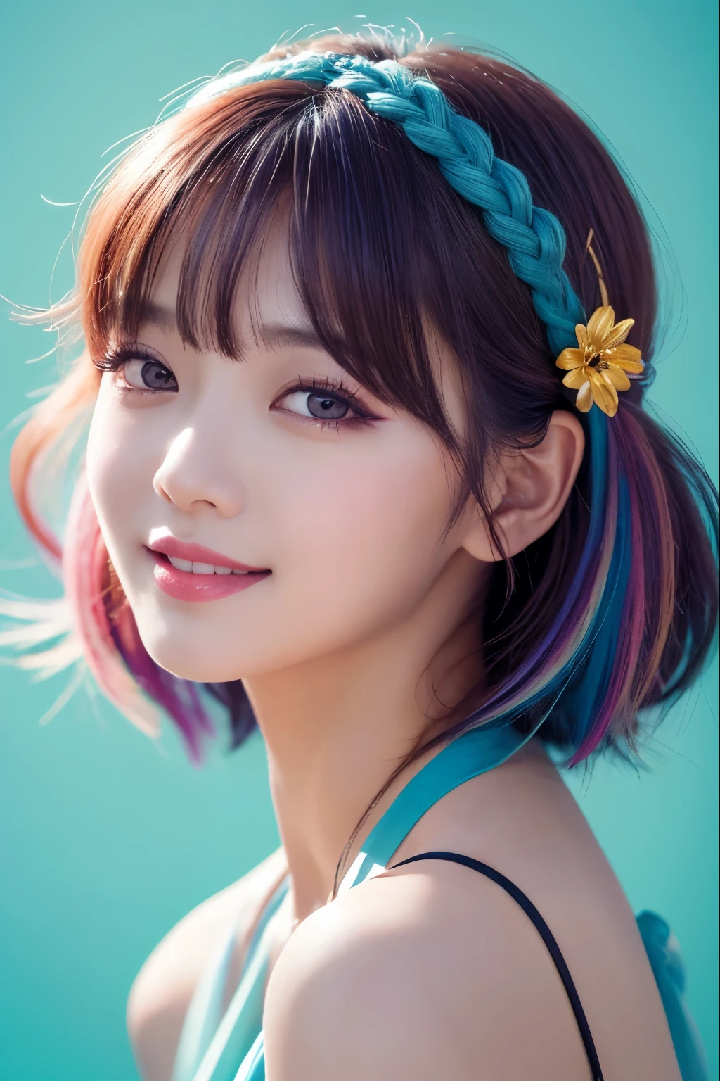 Heart Pose、high quality, real、High resolution, Realistic、8k、masterpiece, detailed.impressive, Japanese、Cutting-edge female photography portraits、Happy expression、Looking at the camera、cyan, and purple, Her vibrant makeup really catches the eye.. Her colorful hair is tied up high、Various hair colors
