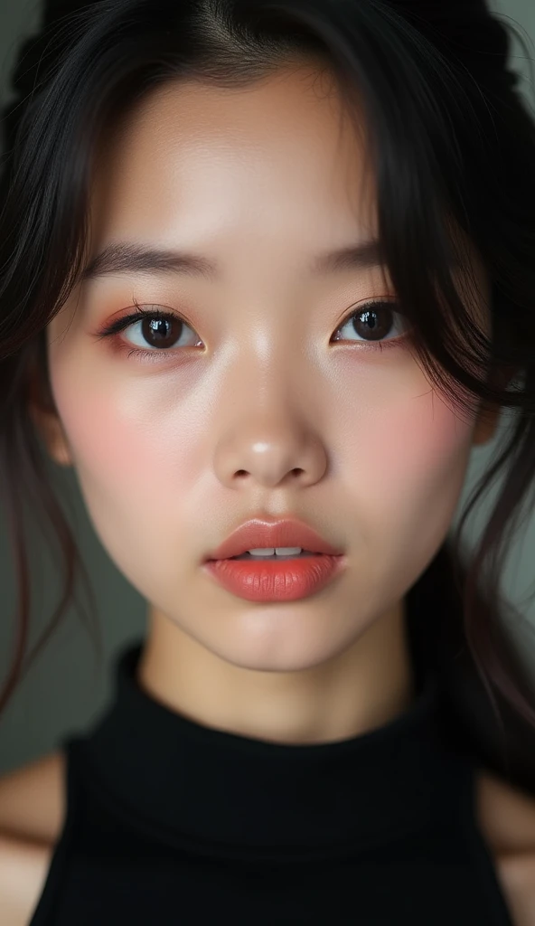 a close up of a woman with a black top and a black top, beautiful asian girl, asian beautiful face, sexy face with full makeup, girl cute-fine-face, gorgeous chinese model, korean girl, young cute wan asian face, beautiful south korean woman, gorgeous young korean woman, beautiful aesthetic face, young adorable korean face, dilraba dilmurat