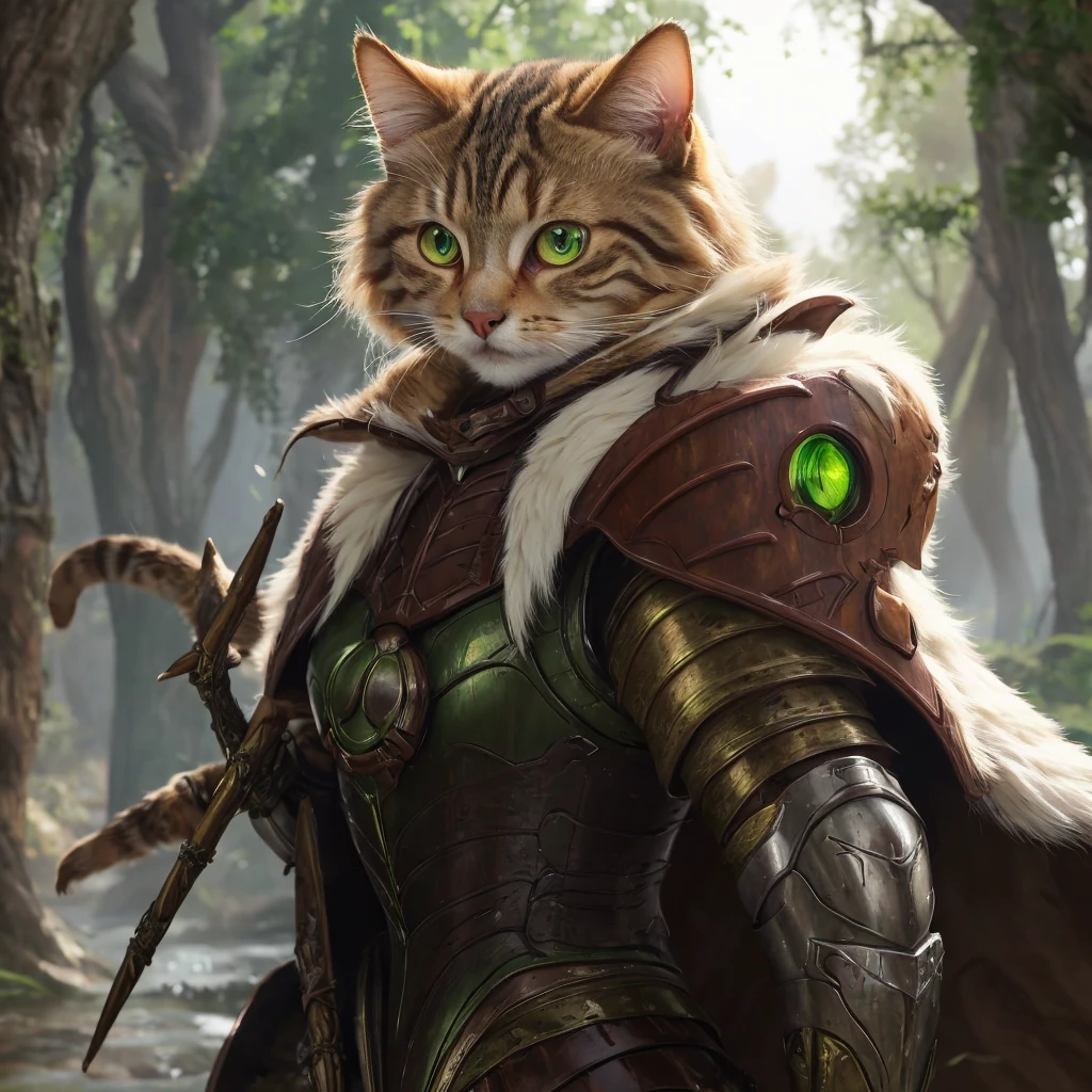An anthropomorphic tabby white and brown she-cat with short grey hair, green-swamp eyes and armor