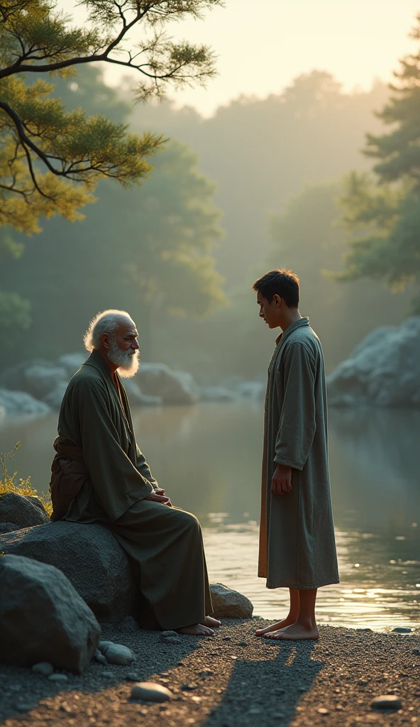 The setting is a serene Zen garden, bathed in the soft light of late afternoon. The old Zen master, with a calm and composed demeanor, sits cross-legged on a rock. His robe is simple, yet elegantly draped, and his face reflects a lifetime of wisdom and tranquility. Across from him, Kavi, a young man with a troubled expression, stands with clenched fists and a furrowed brow. His clothes are disheveled, mirroring his inner turmoil.