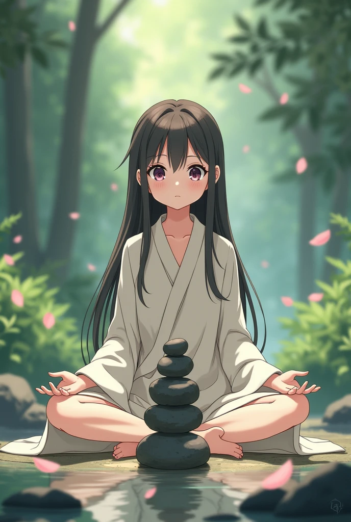 Anime girl meditating by stacking several small stones on top of each other