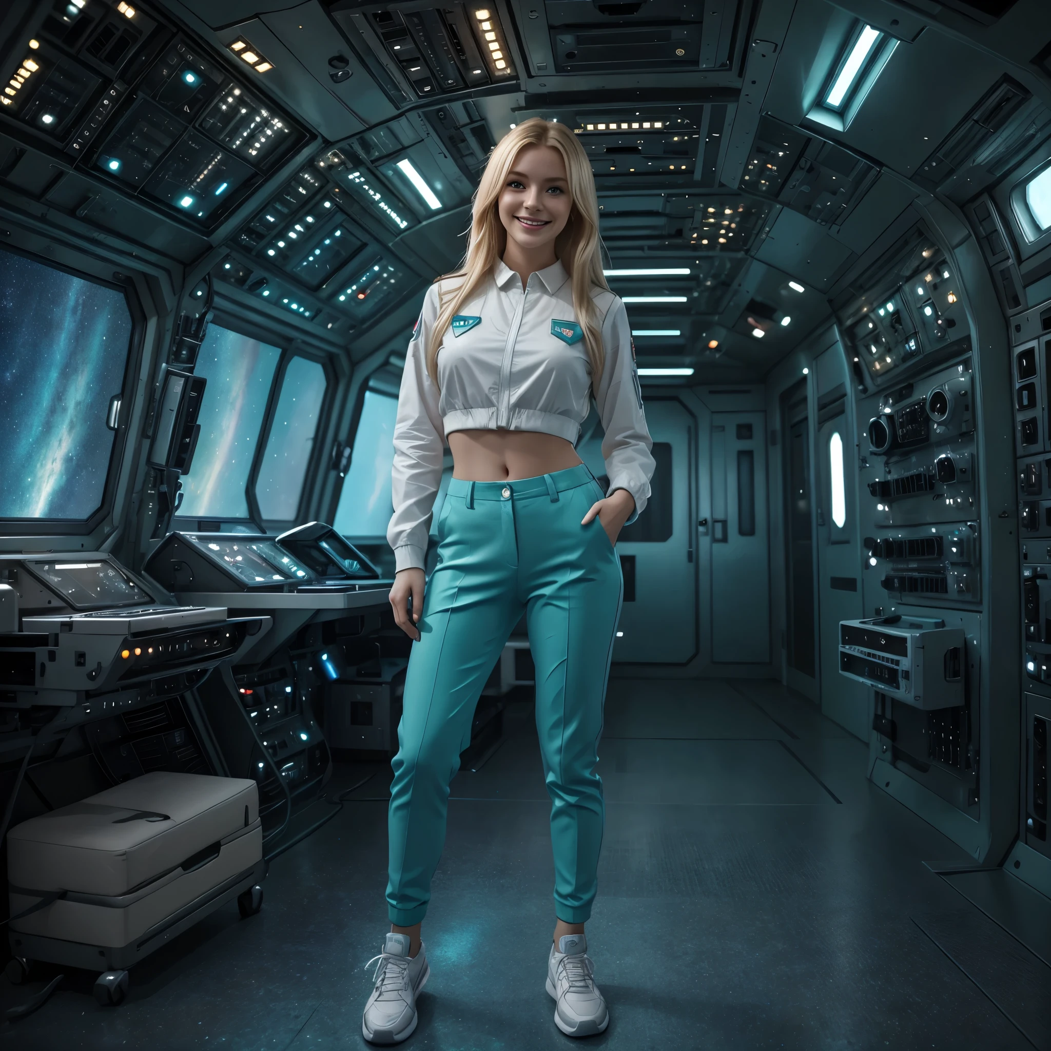 Beautiful blonde woman(best quality,4k,8k,highres,masterpiece:1.2),ultra-detailed,(realistic,photorealistic,photo-realistic:1.37),HD,sky1, stunning detailed, a 30 year old woman in teal teal colored trousers, a white shirt and white trainers, she is standing in the crew quarters of a giant space craft,  she is smiling at the camera,  she is in a large room, night time through the windows, space nebulas and controls