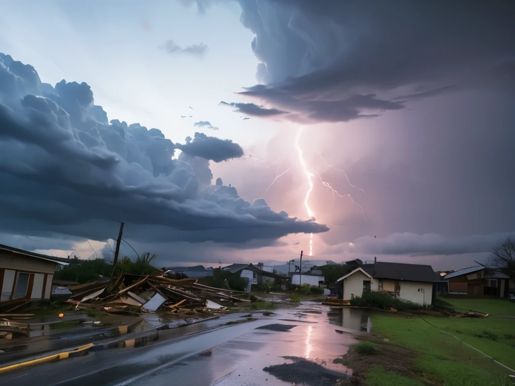 best quality, Full-HD, tycoon, landscape painting, typhoon that destroys house, half destroyed house, tornado, dark sky, storm, Many people running away from the storm, heavy rain, half destroyed house, large drops of rain, thunderstorm, swirling clouds