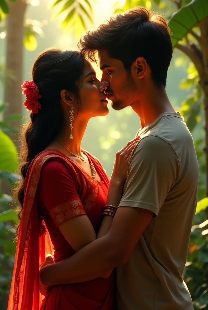 Malayali hot couples kissing girl in red davani boy in t shirt