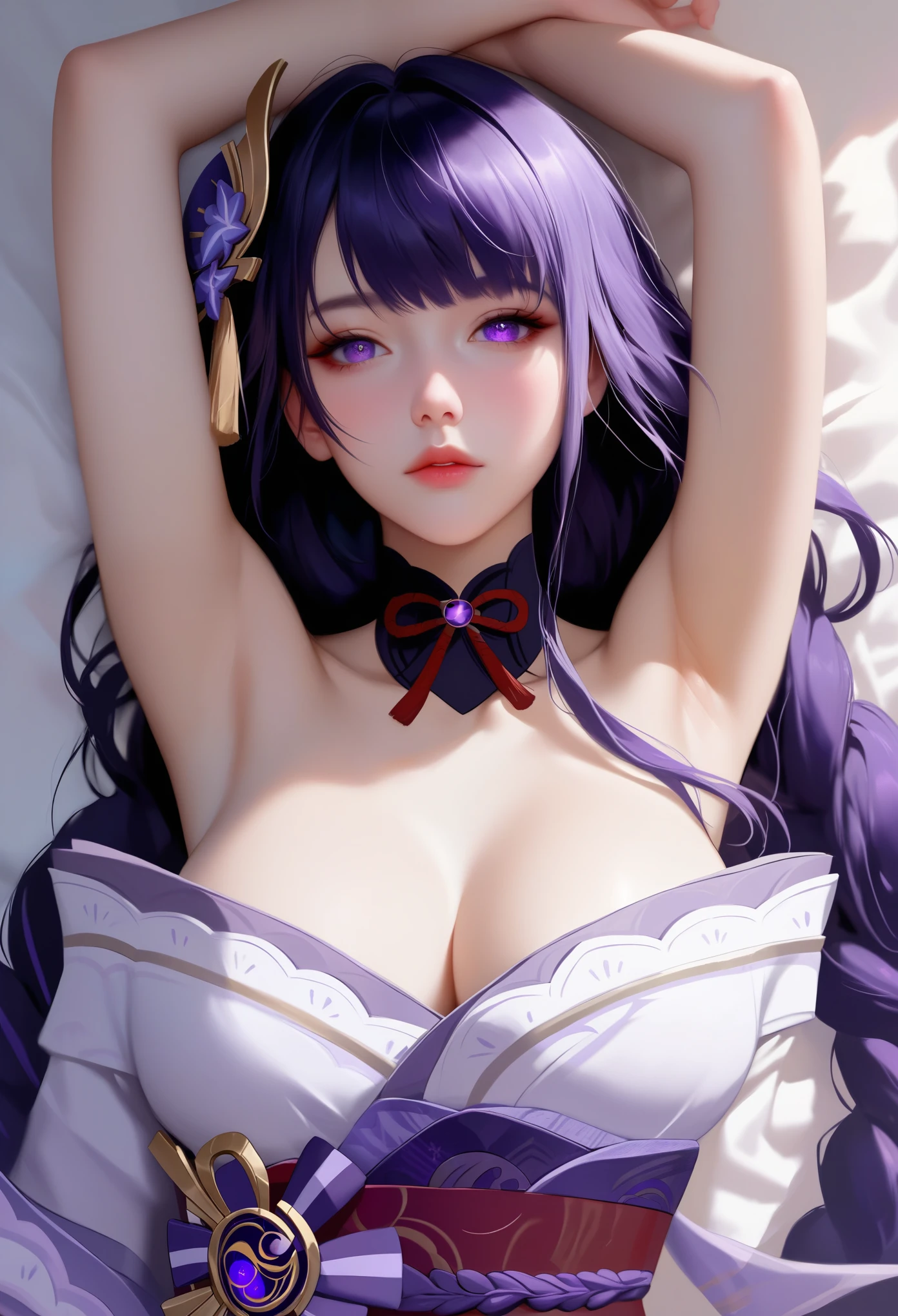 score_9, score_8_up, score_7_up, high quality ,masterpiece ,best quality ,Lying face up on the bed,In the bedroom,girl,Cute Face,,Poke out your lips, large breast ,Beautiful Skin,_Shogun_Genshin Impact, Purple long hair,hold out both hands to the viewer,Put your hands out in front of you