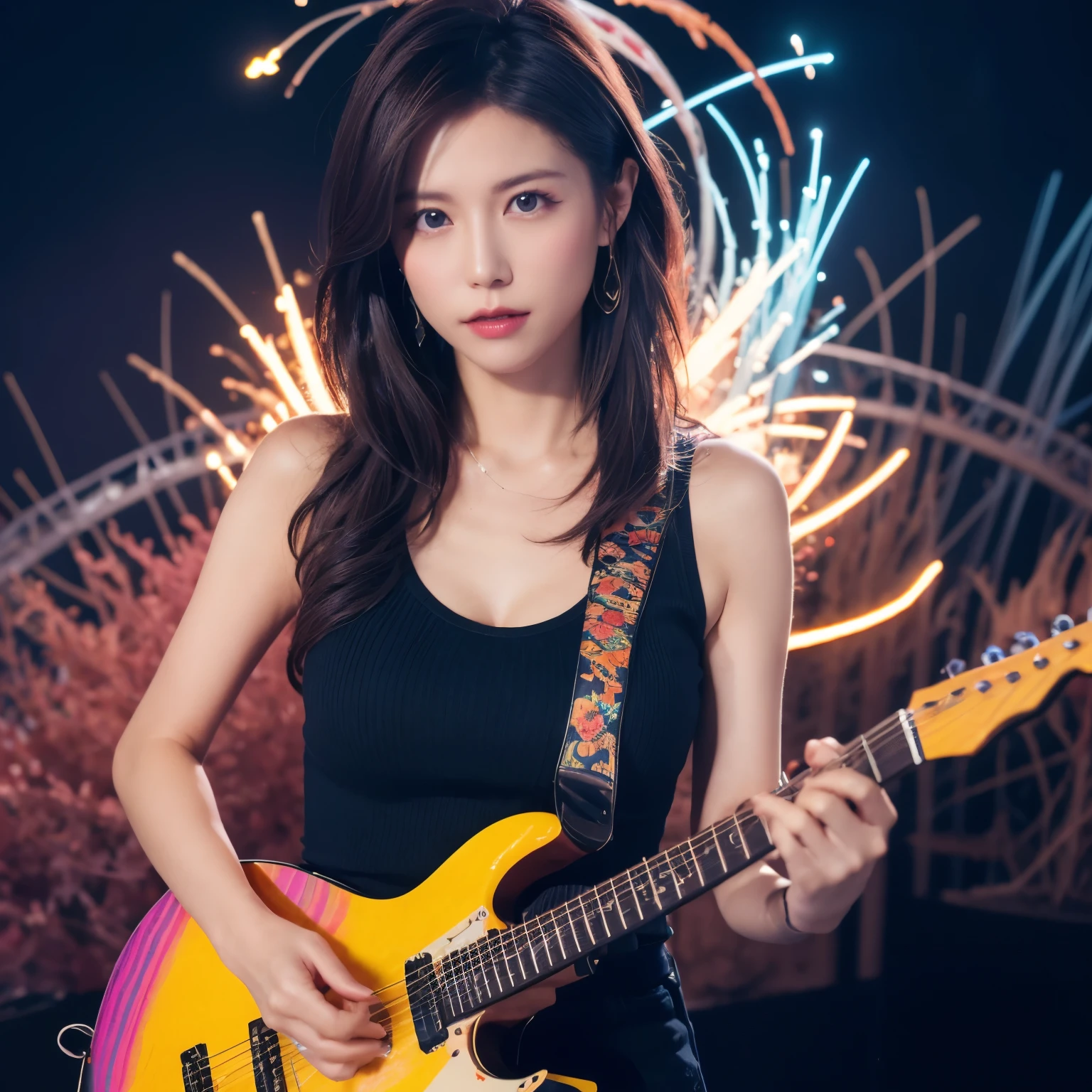 Create a cover image for an instrumental rock album featuring psychedelic abstract art. The background should be a swirling mix of vibrant colors, including shades of neon pink, electric blue, and vivid purple. Incorporate abstract patterns that create a sense of movement and energy, resembling waves or bursts of light. In the center, place an electric guitar with a glowing effect to stand out against the colorful backdrop. The guitar should have a dynamic, almost surreal appearance, blending seamlessly with the psychedelic patterns. Use a modern, stylish font for the album title and artist name, ensuring it stands out against the vibrant background. The overall design should evoke a sense of intensity and creative energy, reflecting the essence of instrumental rock music.