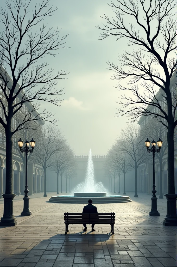 Huge square with fountain and lamp posts, with several leafless trees and a lonely man sitting on a bench in the center of the square