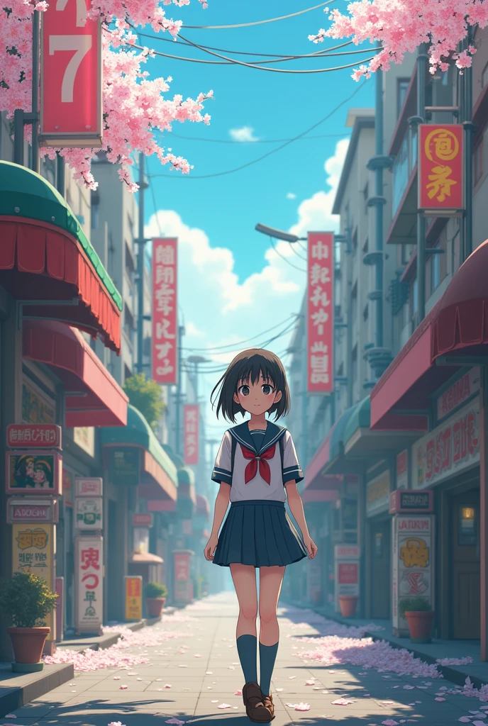 A school girl walking in the Akihabara district Tokyo, studio ghibli, retro, pastels, wide shot, cinematic
