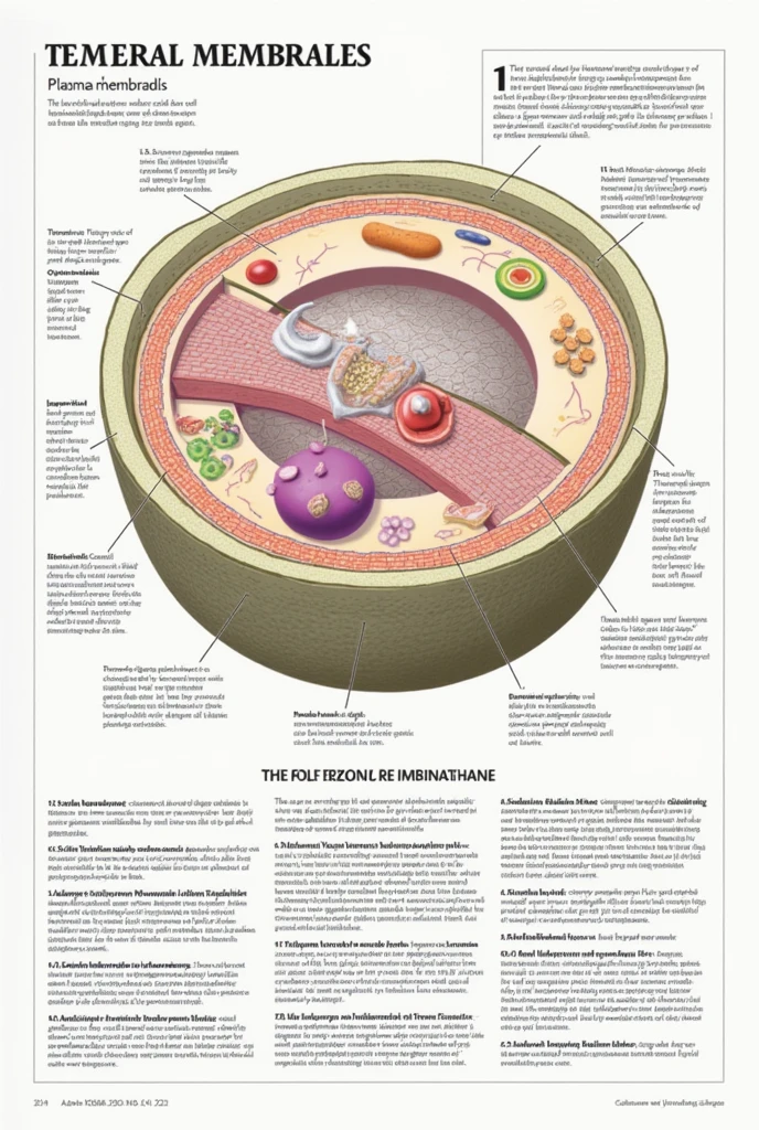 An image of a eukaryotic cell with its various organelles labeled., highlighting the plasma membrane and internal membranes.
Bulleted content:
Lipid bilayer: The structural basis of the membrane, formed by phospholipids.
Membrane proteins: Various functions: transport, signal reception, binding to other cells.
Selective permeability: It allows the passage of certain substances and restricts the passage of others..
Creating compartments: It delimits the cell organelles and separates the cell interior from the exterior..