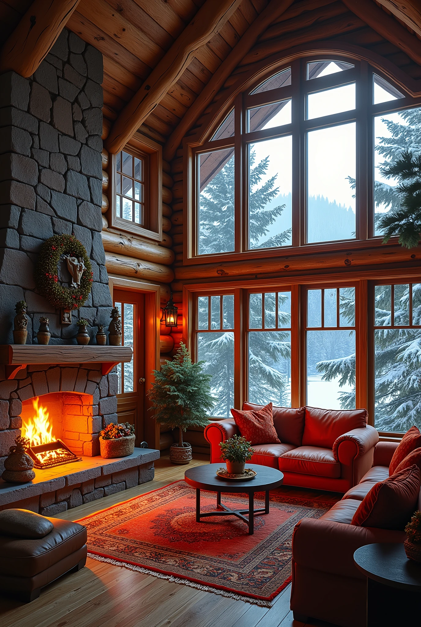 (photorealism:1.2),a beautiful cozy living room,double height ceiling living room with a large floor to ceiling window on one side log cabin outside its dark snow covered landscaperoom, warm bed, fire in stoneplace, lot of windows, 
 realistic, intricate details, warm colors, by Greg Rutkowski, by Alphonse Mucha