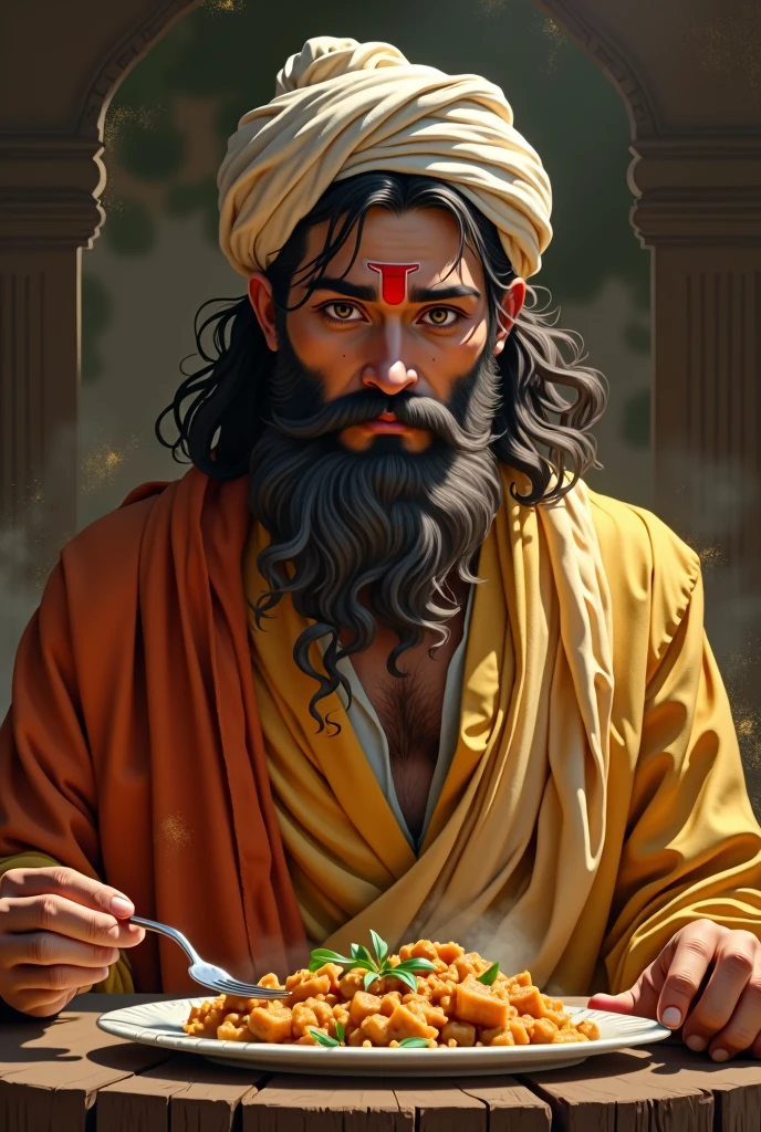 One young bramhina pandit with light beard with besutiful face and full hair eating on a kingdom ,suddenly he saw a long hairsample on his food and he is scary of that food 