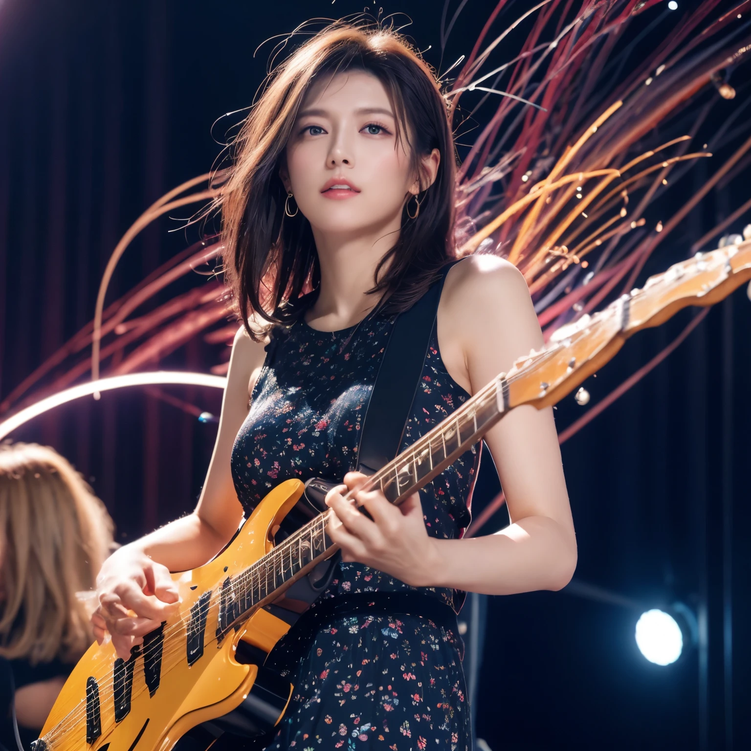 Create a cover image for an instrumental rock album featuring psychedelic abstract art. The background should be a swirling mix of vibrant colors, including shades of neon pink, electric blue, and vivid purple. Incorporate abstract patterns that create a sense of movement and energy, resembling waves or bursts of light. In the center, place an electric guitar with a glowing effect to stand out against the colorful backdrop. The guitar should have a dynamic, almost surreal appearance, blending seamlessly with the psychedelic patterns. Use a modern, stylish font for the album title and artist name, ensuring it stands out against the vibrant background. The overall design should evoke a sense of intensity and creative energy, reflecting the essence of instrumental rock music.