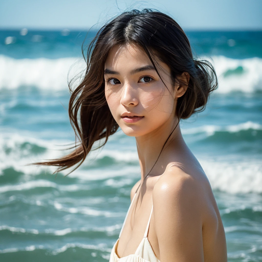 A hyper-realistic image of a single Japanese woman in her early 20s, captured with the nostalgic warmth and subtle graininess of a film camera, with the focus on her upper body from the shoulders up against a serene seaside backdrop. Her skin has a warm beige tone with a natural, slightly rough texture that includes visible pores, fine lines, and subtle imperfections such as small blemishes, adding to the authenticity of her appearance. The soft, diffused natural light reflects off the ocean waves, casting gentle, warm shadows across her face and shoulders, enhancing the film-like quality and creating a timeless, organic feel. Her straight, glossy black hair is slightly tousled by the ocean breeze, naturally framing her face, and her deep brown eyes reflect the soft light of the seaside, adding depth and emotion. The background subtly captures the peaceful ocean scenery with a glimpse of rolling waves and a faint horizon, blurred to maintain focus on her expression. The film camera effect introduces a slight grain and a softer focus, giving the image a warm, nostalgic atmosphere while maintaining the realistic texture of her skin. She is wearing a light, airy top that complements her natural beauty and the beach setting, with the overall composition designed to evoke a sense of genuine, understated elegance and connection with nature.