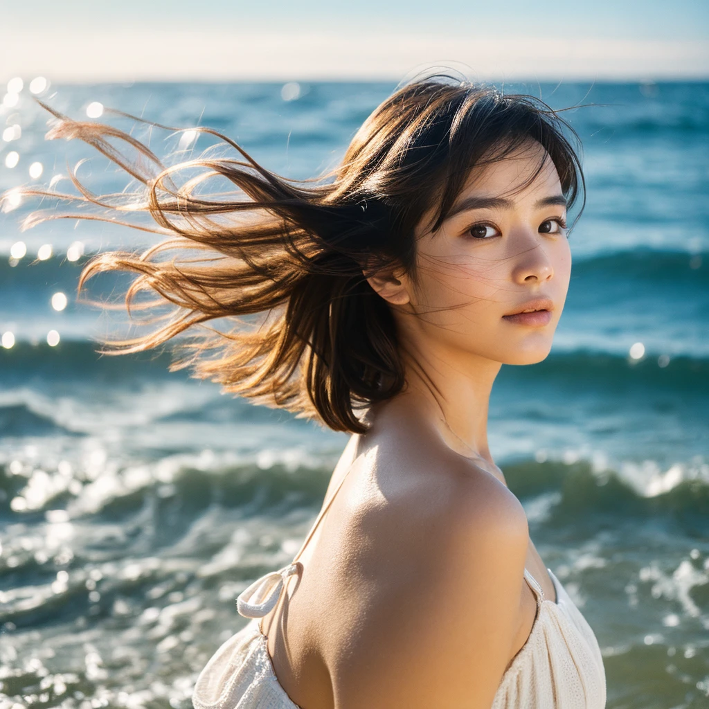 A hyper-realistic image of a single Japanese woman in her early 20s, captured with the nostalgic warmth and subtle graininess of a film camera, with the focus on her upper body from the shoulders up against a serene seaside backdrop. Her skin has a warm beige tone with a natural, slightly rough texture that includes visible pores, fine lines, and subtle imperfections such as small blemishes, adding to the authenticity of her appearance. The soft, diffused natural light reflects off the ocean waves, casting gentle, warm shadows across her face and shoulders, enhancing the film-like quality and creating a timeless, organic feel. Her straight, glossy black hair is slightly tousled by the ocean breeze, naturally framing her face, and her deep brown eyes reflect the soft light of the seaside, adding depth and emotion. The background subtly captures the peaceful ocean scenery with a glimpse of rolling waves and a faint horizon, blurred to maintain focus on her expression. The film camera effect introduces a slight grain and a softer focus, giving the image a warm, nostalgic atmosphere while maintaining the realistic texture of her skin. She is wearing a light, airy top that complements her natural beauty and the beach setting, with the overall composition designed to evoke a sense of genuine, understated elegance and connection with nature.