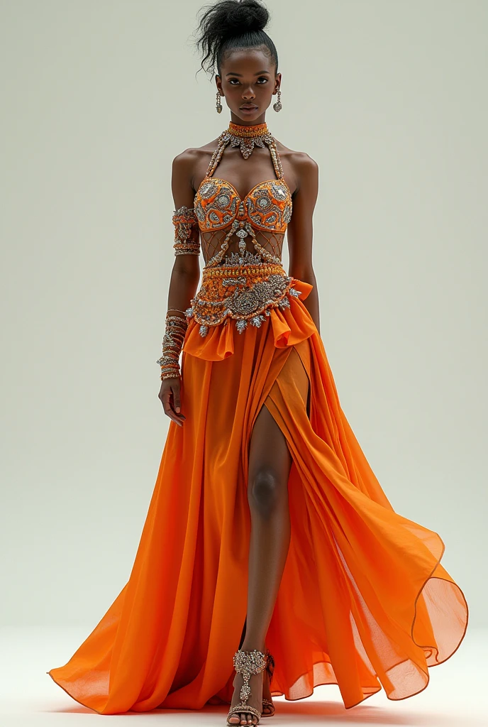 I want a full body image of a creative look, bold, moderno, flashy, dramatic inspired by the fashion of ancient Crete to be used in the near future but classic as if Alexander McQueen had done something very dramatic and unique also inspired by Minoan art with elements that reference classical Cretan clothing with. skirt as if schiappareli had also made it with the top part also flashy with more elements