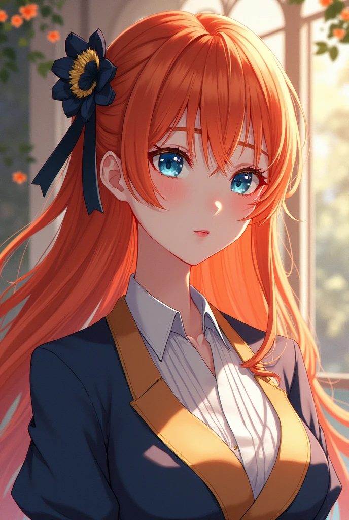 a beautiful, noble lady with orange hair, blue eyes, and discreet clothing. anime characters