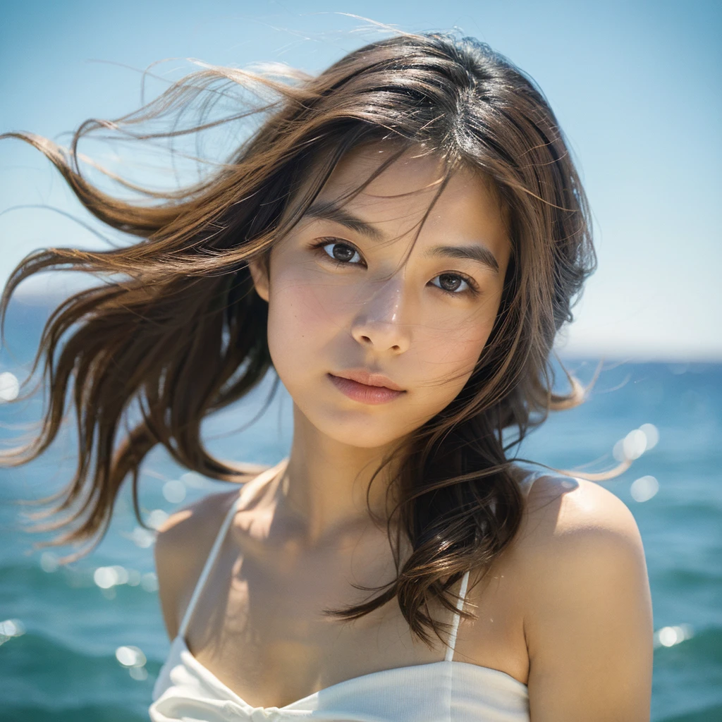 A hyper-realistic image of a single Japanese woman in her early 20s, captured with the nostalgic warmth and subtle graininess of a film camera, with the focus on her upper body from the shoulders up against a serene seaside backdrop. Her skin has a warm beige tone with a natural, slightly rough texture that includes visible pores, fine lines, and subtle imperfections such as small blemishes, adding to the authenticity of her appearance. The soft, diffused natural light reflects off the ocean waves, casting gentle, warm shadows across her face and shoulders, enhancing the film-like quality and creating a timeless, organic feel. Her straight, glossy black hair is slightly tousled by the ocean breeze, naturally framing her face, and her deep brown eyes reflect the soft light of the seaside, adding depth and emotion. The background subtly captures the peaceful ocean scenery with a glimpse of rolling waves and a faint horizon, blurred to maintain focus on her expression. The film camera effect introduces a slight grain and a softer focus, giving the image a warm, nostalgic atmosphere while maintaining the realistic texture of her skin. She is wearing a light, airy top that complements her natural beauty and the beach setting, with the overall composition designed to evoke a sense of genuine, understated elegance and connection with nature.