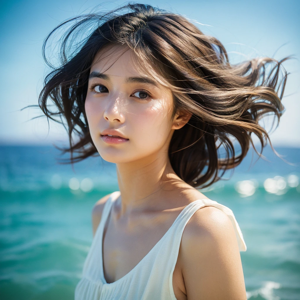 A hyper-realistic image of a single Japanese woman in her early 20s, captured with the nostalgic warmth and subtle graininess of a film camera, with the focus on her upper body from the shoulders up against a serene seaside backdrop. Her skin has a warm beige tone with a natural, slightly rough texture that includes visible pores, fine lines, and subtle imperfections such as small blemishes, adding to the authenticity of her appearance. The soft, diffused natural light reflects off the ocean waves, casting gentle, warm shadows across her face and shoulders, enhancing the film-like quality and creating a timeless, organic feel. Her straight, glossy black hair is slightly tousled by the ocean breeze, naturally framing her face, and her deep brown eyes reflect the soft light of the seaside, adding depth and emotion. The background subtly captures the peaceful ocean scenery with a glimpse of rolling waves and a faint horizon, blurred to maintain focus on her expression. The film camera effect introduces a slight grain and a softer focus, giving the image a warm, nostalgic atmosphere while maintaining the realistic texture of her skin. She is wearing a light, airy top that complements her natural beauty and the beach setting, with the overall composition designed to evoke a sense of genuine, understated elegance and connection with nature.