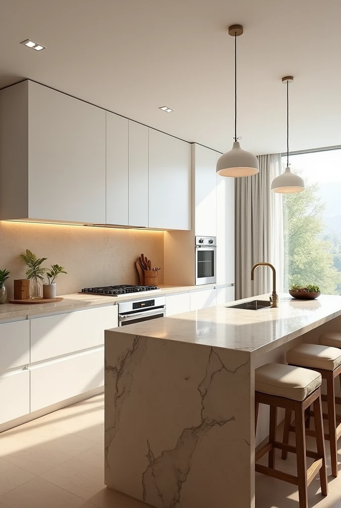 Here you have the text in Spanish with the requested details:
"Modern kitchen with beige marble and a central bar. The bar has a beige marble countertop that extends to create a casual dining space.. The cabinets s, with minimalist handles, while the walls are completely white, which brings light to the space. The design includes built-in stainless steel appliances, pendant lighting over the bar, and wooden stools with beige cushions. The kitchen has a warm and welcoming atmosphere, with abundant natural light entering through the large windows."