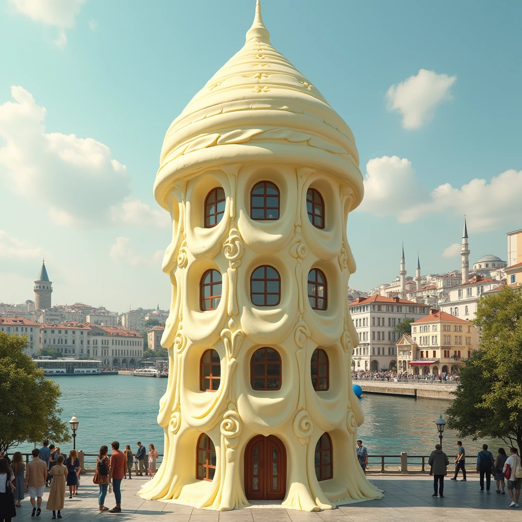 imagine Galata Tower in Istanbul as a cup cake white chocolate flow from windows