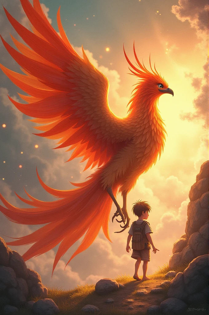 Image of a boy guided by a Mythical creatures The Phoenix