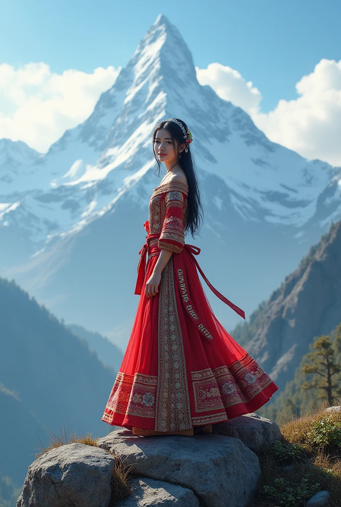 (photorealism.1.3) A beautiful young girl on the top of mountain. Her name is Sonima. Her name is printed on her dress. She is wearing Nepali cultural dress.