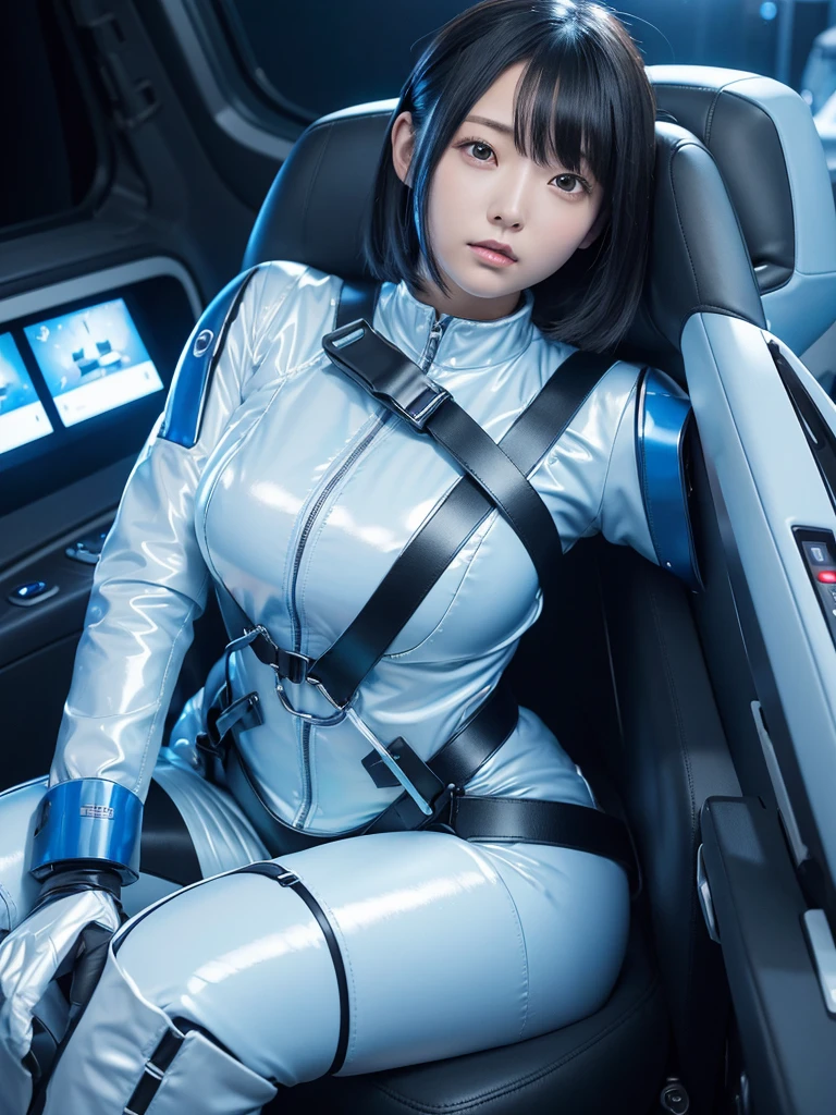 Japanese female android,Black Hair,Space capsule,The person is completely secured in the seat with the backrest reclined by a thick harness belt.,Plump,Wide-legged squats,Light blue and white shiny robot suit,Surrounded by switches and monitors,