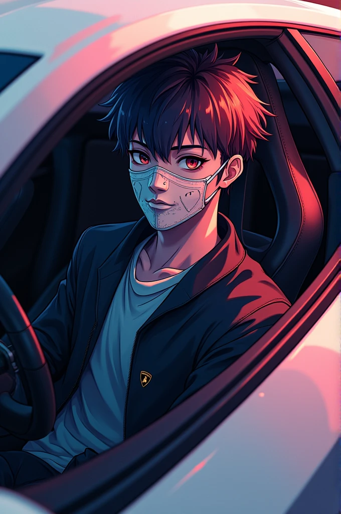 Anime boy with mask and lamborghini sit