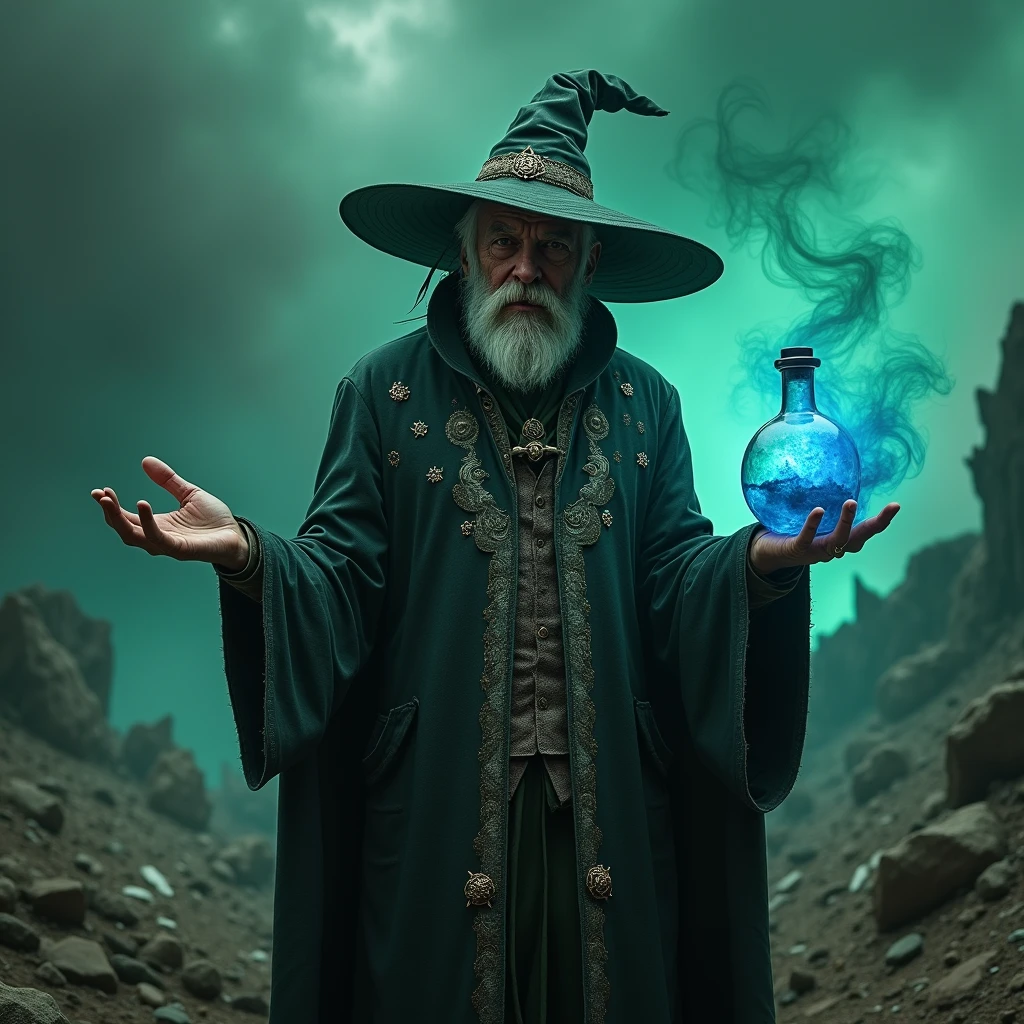 A realistic, ultra-detailed photograph portrait of a middle-age male sorcerer with his dress and hat, a crazy mask. flask this hands with smoke, devastated land, clouds of green poison, blue smoke. The name “Toxic Grey” is prominently displayed in horrors letters behind him.