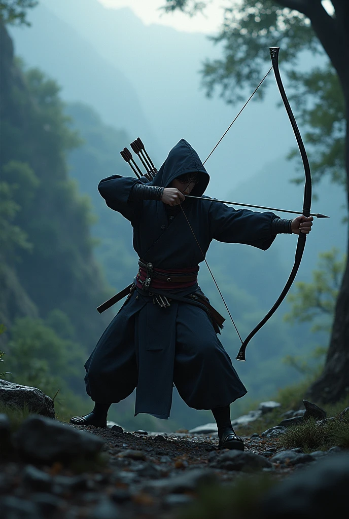 Jin using a bow and assassinating from the shadows. From the video game Ghost of Tsushima 