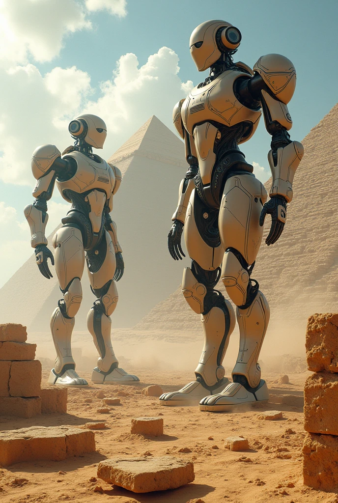 Pyramid of giza being constructed by robots