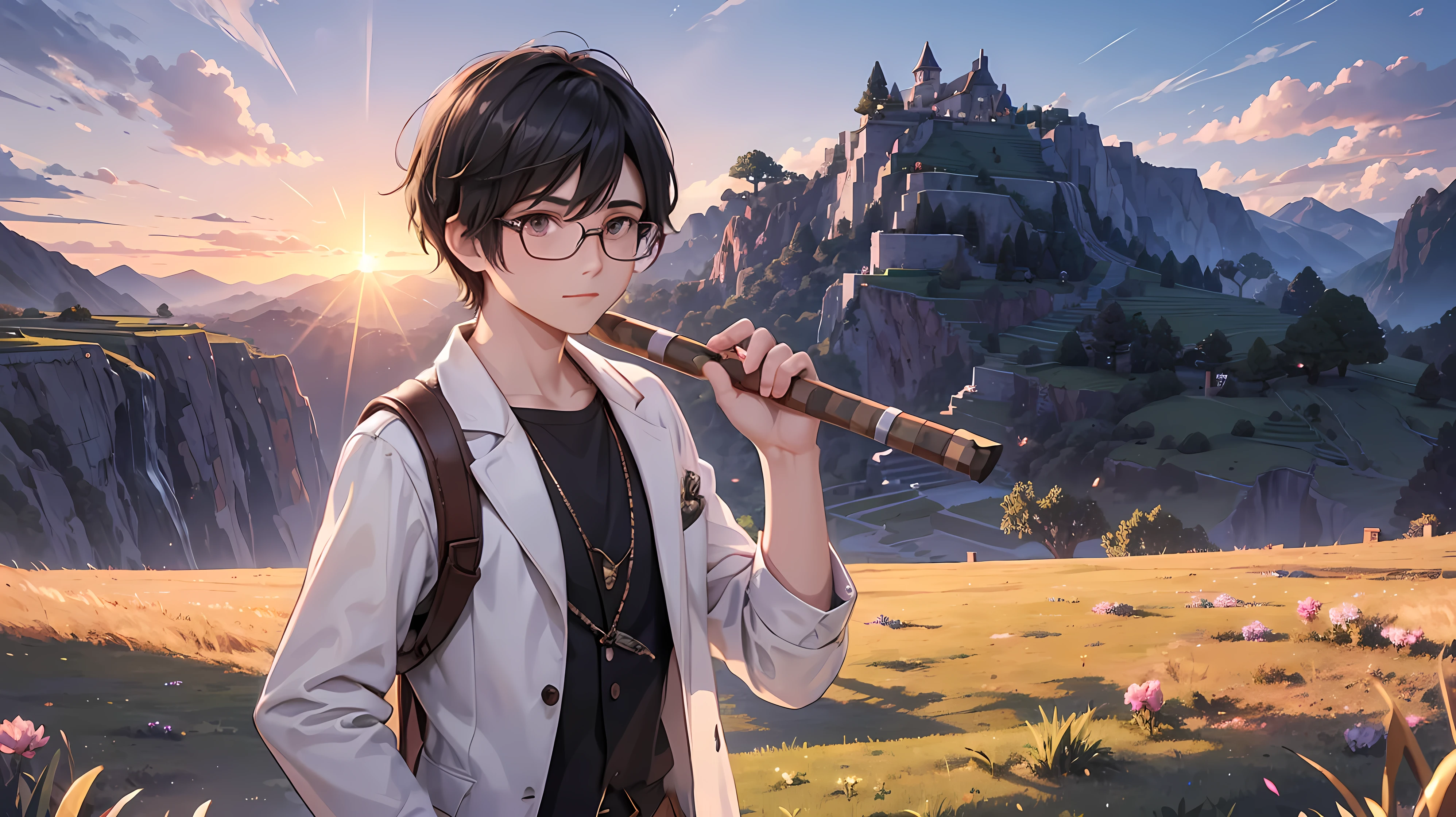 In the pixelated world of Minecraft, a handsome young man with short black hair and glasses stands in the middle of a vast grassy field, holding a pickaxe. The sun is beginning to set, casting a warm golden light across the landscape. The sky is painted with beautiful shades of orange, pink, and purple as day transitions into night. The young man is ready to head towards a nearby mine, determined and focused, as the blocks of the world around him shimmer in the fading sunlight. The scene captures the beauty of the Minecraft world at sunset, with the anticipation of an adventure underground