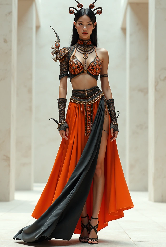 I want a full body image of a creative look, bold, moderno, flashy, dramatic inspired by the fashion of ancient Crete to be used in the near future but classic as if Alexander McQueen had done something very dramatic and unique also inspired by Minoan art with elements that reference classical Cretan clothing with. skirt as if schiappareli had also made it with the top part also flashy with more elements