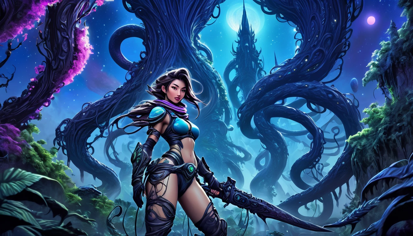 A adventurer woman (yuna, muscular, lean, sweaty, big butt, sexy explorer outfit) is using a machete to clear a path through a dense alien forest, tentacle vines reach from trees, she is carving a trail to an eldritch spire, 3 moons hang in the starry sky each a different color