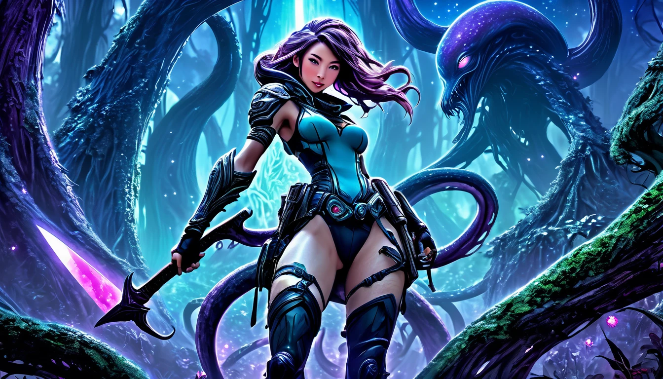 A adventurer woman (yuna, muscular, lean, sweaty, big butt, sexy explorer outfit) is using a machete to clear a path through a dense alien forest, tentacle vines reach from trees, she is carving a trail to an eldritch spire, 3 nightmarish moons hang in the starry sky each a different color, grand panoramic view of an alien landscape